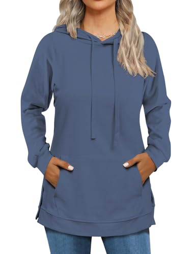 Cuptacc Hoodie Damen Kapuzenpullover Longpullover Für Damen Oberteile Mit Kapuze Tasche Seitenschlitze Blaugrau XL 46-48 von Cuptacc