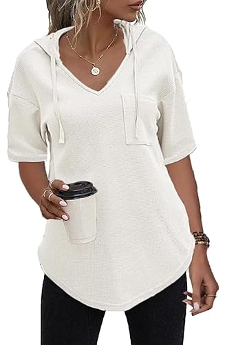 Cuptacc Hoodie Damen Kurzarm Kapuzenpullover V Ausschnitt Oberteile Waffel Strick Top Chic Weiß,L 42-44 von Cuptacc