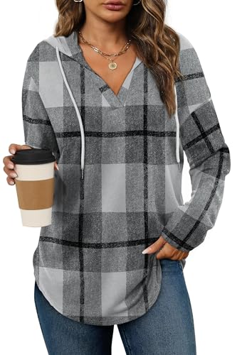 Cuptacc Hoodie Damen Oversize Shirt Damen Farbblock Kapuzenpullover Sweatshirt V Ausschnitt Dünner Pullover Braunes Plaid Mittel M 38-40 von Cuptacc