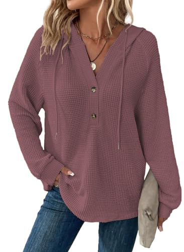 Cuptacc Hoodie Damen Oversize V Ausschnitt Knopfleiste Pullover Winter Damen Waffel Kapuzenpullover Kordelzug Casual Tops Dunkelrosa Mittel M 38-40 von Cuptacc