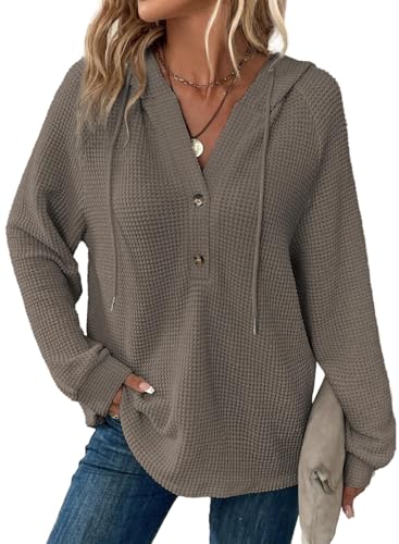 Cuptacc Hoodie Damen Oversize Waffel Kapuzenpullover Langarm Sweatshirt Winter V Neck Casual Pullover Mit Kapuze Loose Fit Sport Tops Kaffee Grau Groß L 42-44 von Cuptacc