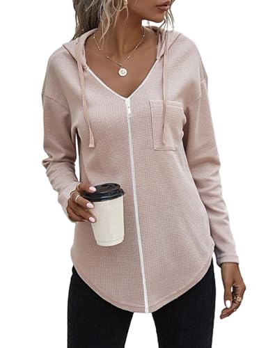 Cuptacc Hoodie Damen Oversize Zip Ausschnitt Atmungsaktiv Langarm V-Neck Dünn Sweatshirt Damen mit Taschen Aprikose S von Cuptacc