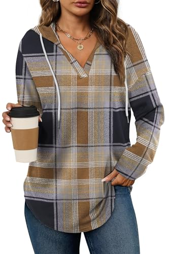 Cuptacc Hoodie Damen Pullover Herbst Farbblock Kapuzenpullover Damen Mit Kordelzug V Ausschnitt Sweatshirt Oversized Coffee Plaid Groß L 42-44 von Cuptacc