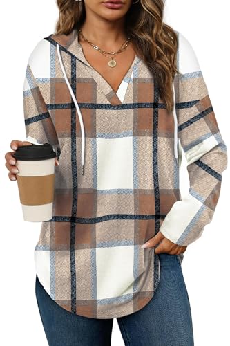 Cuptacc Hoodie Damen Pullover Spring Farbblock Kapuzenpullover Damen Mit Kordelzug V Ausschnitt Sweatshirt Oversized Braunes Plaid 3XL 54-56 von Cuptacc