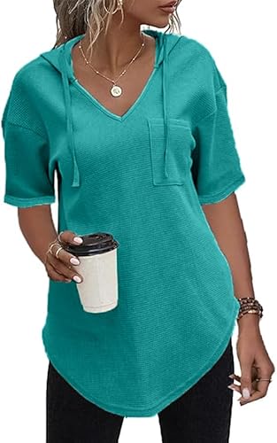 Cuptacc Hoodie Damen Sommer Kapuzenshirt V Ausschnitt Tshirt Kurzarm Casual Tops Mit Kapuze Elegante DunkelSeeGrün,S 36 Cuptacc Hoodie Damen Sommer Kapuzenshirt V Ausschnitt Tshirt Kurzarm Casual Tops Mit Kapuze Elegante DunkelSeeGrün,S 36 von Cuptacc