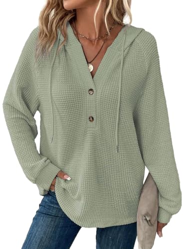 Cuptacc Kapuzenpullover Damen Waffel Langarm Knopfleiste V-Ausschnitt Pullover Sweatshirt Mit Kapuze Kordelzug Oversize Hoodie Damen Winter Hellgrün 2XL 50-52 von Cuptacc