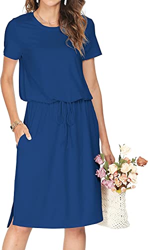 Cuptacc Kleid Damen Elegant Rundhals Abschlusskleid Casual Work Dresses Sommerkleid Midi Knielang Beerdigung Kleider A Line Dress Freizeitkleider Navy blau M von Cuptacc