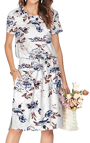 Cuptacc Kleid Damen Elegant Rundhals Abschlusskleid Casual Work Dresses Sommerkleid Midi Knielang Beerdigung Kleider A Line Dress Freizeitkleider Weißes Blumenmuster M von Cuptacc