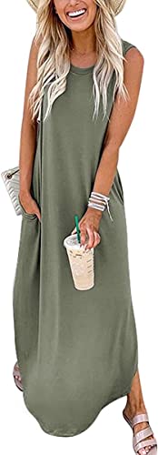 Cuptacc Kleid Hochzeitsgast Damen Sommerkleid Ärmellos Lang Strand A Linien Kleid mit Taschen Armeegrün,XXL 48 von Cuptacc