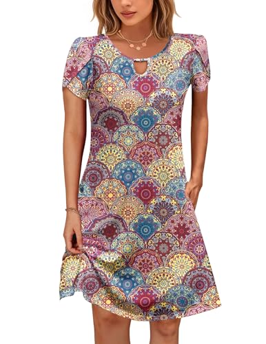 Cuptacc Kleider Damen Kurz Strandkleid Blumenärmel Sommer 2025 Fashion Tunikakleid mit Taschen Gelb Blau Rote Blume,XL 46 von Cuptacc