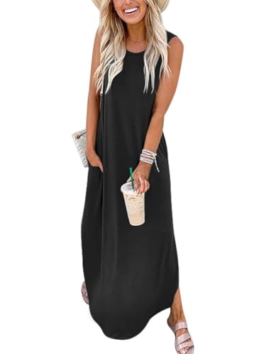 Cuptacc Kleider Damen Rundhals Ärmellos Abendkleid Lehrerin Strand Maxi Dress mit Taschen Schwarze,Groß L 42-44 von Cuptacc