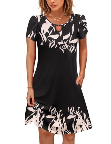 Cuptacc Kleider Damen Sommer Boho Wickelkleid Kurzarm Sommerkleid mit Taschen Luftig Schwarz Bedruckt,Mittel M 38-40 von Cuptacc