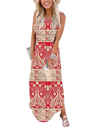 Cuptacc Kleider Damen Sommer Langes Sommerkleid Ärmellos Knitterfrei Maxikleid mit Taschen Boho Paisley Rot,Groß L 42-44 von Cuptacc