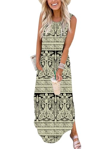 Cuptacc Kleider Damen Sommer Rundhals Ausschnitt Kirche Tankkleid Urlaub Kleid mit Taschen Boho Paisley Schwarz,Groß L 42-44 von Cuptacc