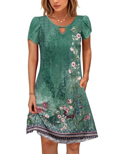 Cuptacc Kleider Damen Sommer Strandkleid Kurzarm Boho Sommerkleid mit Taschen Leicht Grün Bedruckt,Klein S 34-36 von Cuptacc