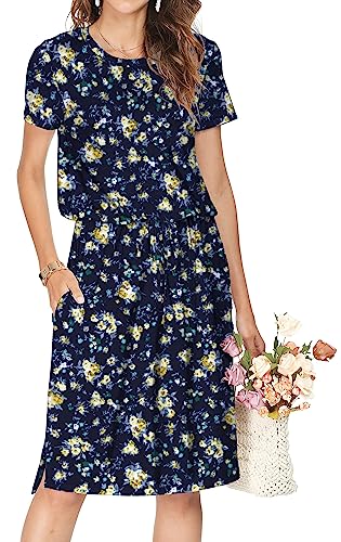 Cuptacc Kleider Damen Sommer Wedding Guest Dress Rundhals Festliches Kleid Damen Hochzeit Blusenkleid Damen Sommerkleid Damen Elegant Abndkleider Marineblaues Blumengelb Klein S von Cuptacc