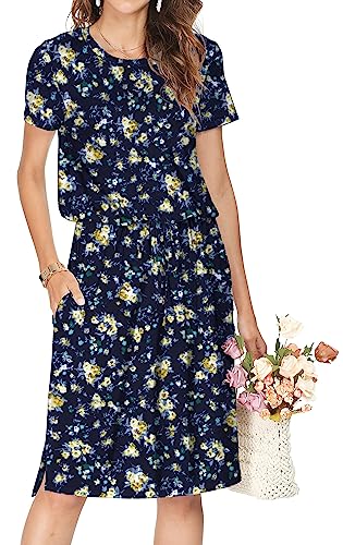 Cuptacc Kleider Damen Sommerkleid Damen Leicht Loose Fit Party Kleid Damen Elegant Rundhalsausschnitt Kurzarm Wedding Guest Dress Marineblaues Blumengelb L von Cuptacc