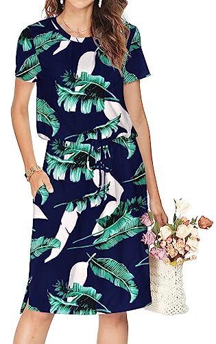 Cuptacc Kleider Damen Sommerkleid Damen Leicht Loose Fit Partykleider für Damen Tunika Kleid Damen Rundhalsausschnitt Kurzarm Wedding Guest Dress Palmblattblau Groß L 42-44 von Cuptacc
