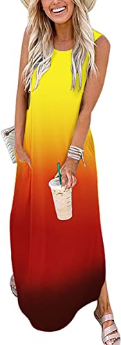 Cuptacc Kleider Damen Tankkleid Ärmellos Blumenmuster Kleid Strand Hawaii Kleid mit Taschen Orange Gelb Farbverlauf,Mittel M 38-40 von Cuptacc