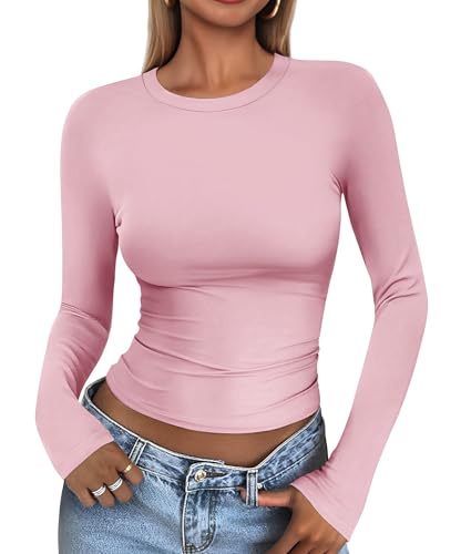 Cuptacc Langarm Crop Top Damen Sport Lässig Dünne Langarmshirts Damen Mit Uboot Ausschnitt Eleganz Volltonfarbe Frühling Unterziehshirt Pfirsich XL von Cuptacc