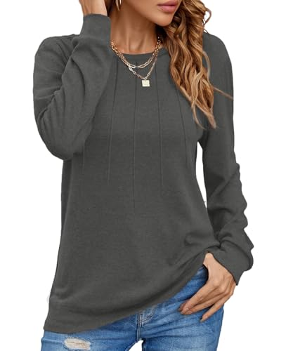 Cuptacc Langarmshirt Damen 2025 Mode Rundhalsausschnitt Sweatshirt Elegant Falten Basic Lang Tshirt Damen Dunkelgrau Klein S 34-36 von Cuptacc