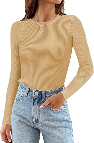Cuptacc Langarmshirt Damen 2024 Pullover Rundhals Schlanke Passform Oberteile Casual Tunika Top Enge Mandel, Groß L 42-44 von Cuptacc