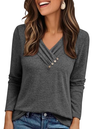 Cuptacc Langarmshirt Damen 2025 Mode V-Ausschnitt Schicker Mit Knopf Langarm Oberteil Große Größen Lange Lässige Baumwolle Basic Pullover Dunkelgrau XL von Cuptacc