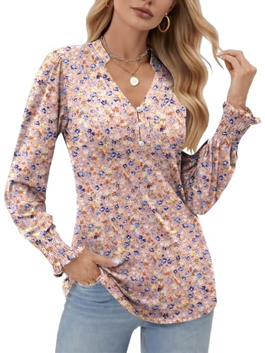 Cuptacc Langarmshirt Damen Elegant Bluse Mit V-Ausschnitt Rüschen Langarm Festliche Oberteile Lässige Longbluse Rosa Blau Blume, XL 46-48 von Cuptacc