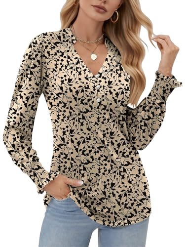Cuptacc Langarmshirt Damen Elegant V-Ausschnitt Damen Pullover Herbst Casual Longshirt Blusen Basic Hemd Tops Aprikose Schwarz Blume, Klein S 36 von Cuptacc