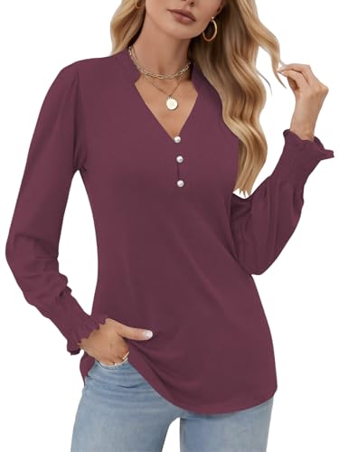 Cuptacc Langarmshirt Damen Elegant V-Ausschnitt Damen Pullover Herbst Casual Longshirt Blusen Basic Hemd Tops Lila, XL 46-48 von Cuptacc