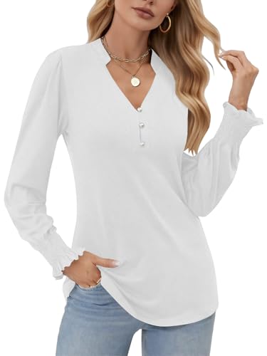 Cuptacc Langarmshirt Damen Elegant V-Ausschnitt Damen Pullover Herbst Casual Longshirt Blusen Basic Hemd Tops Weiß, XXL 50 von Cuptacc