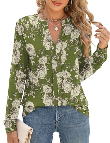 Cuptacc Langarmshirt Damen Elegant V-Ausschnitt Damen Pullover Herbst Lockere Longshirt Blusen Basic Hemd Tops Grün Weiß Blume, Klein S 36 von Cuptacc