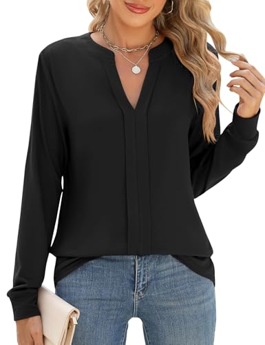 Cuptacc Langarmshirt Damen Elegant V-Ausschnitt Damen Pullover Herbst Lockere Longshirt Blusen Basic Hemd Tops Schwarz, Klein S 36 von Cuptacc
