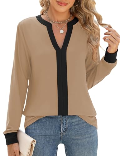 Cuptacc Langarmshirt Damen Elegant V-Ausschnitt Damen Pullover Herbst Lockere Longshirt Blusen Basic Hemd Tops Schwarz Khaki, Klein S 36 von Cuptacc