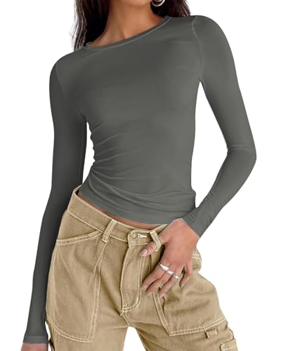 Cuptacc Langarmshirt Damen Eng Solid Color Tops Skims Scoop-Ausschnitt Mädchen Langarm Shirt Elegant Leicht Und Luftig Sportbekleidung Dunkelgrau XL Cuptacc Langarmshirt Damen Eng Solid Color Tops Skims Scoop-Ausschnitt Mädchen Langarm Shirt Elegant Leicht Und Luftig Sportbekleidung Dunkelgrau XL von Cuptacc