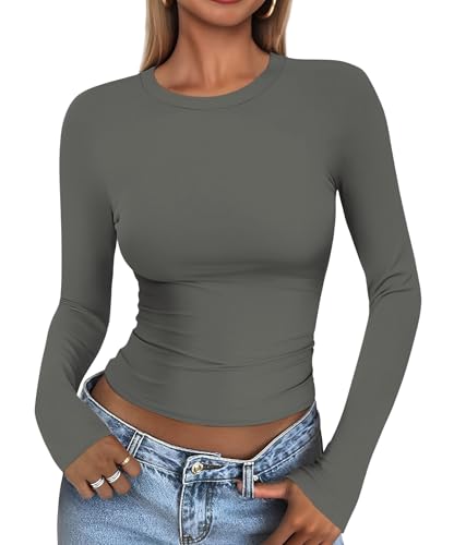 Cuptacc Langarmshirt Damen Eng Solid Color Tops Skims Scoop-Ausschnitt Mädchen Langarm Shirt Elegant Leicht Und Luftig Sportbekleidung Dunkelgrau XL von Cuptacc