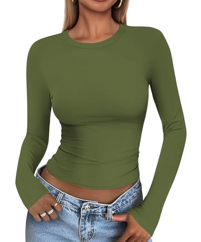 Cuptacc Langarmshirt Damen Eng Solid Color Tops Skims Scoop-Ausschnitt Mädchen Langarm Shirt Elegant Leicht Und Luftig Sportbekleidung Militärgrün XS von Cuptacc