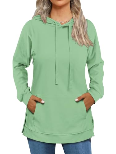 Cuptacc Langarmshirt Damen Mit Kapuze Longpullover Für Damen Seitenschlitze Lässig Hoodie Mit Taschen Hellgrün Mittel M 38-40 von Cuptacc