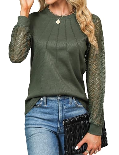 Cuptacc Langarmshirt Damen Mit Lace Ärmel Bluse 2025 Herbst Mode Waffelstrick Bluse Pleated Rundhals Tops Chic Armeegrün, XL 46-48 von Cuptacc