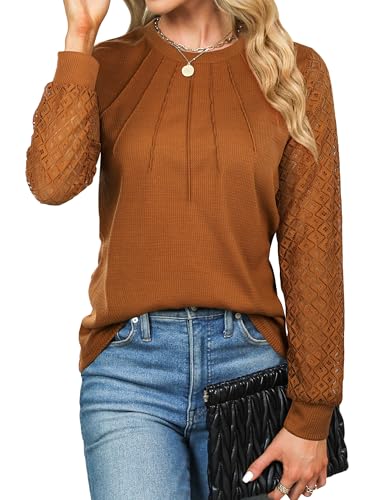 Cuptacc Langarmshirt Damen Mit Lace Ärmel Bluse 2025 Herbst Mode Waffelstrick Bluse Pleated Rundhals Tops Chic Karamell, XL 46-48 von Cuptacc