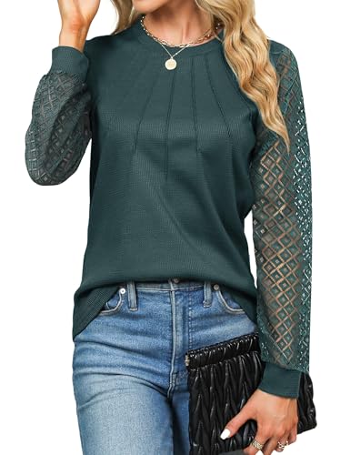 Cuptacc Langarmshirt Damen Mit Lace Ärmel Bluse 2025 Herbst Mode Waffelstrick Bluse Pleated Rundhals Tops Chic Dunkelgrün, XL 46-48 Cuptacc Langarmshirt Damen Mit Lace Ärmel Bluse 2025 Herbst Mode Waffelstrick Bluse Pleated Rundhals Tops Chic Dunkelgrün, XL 46-48 von Cuptacc