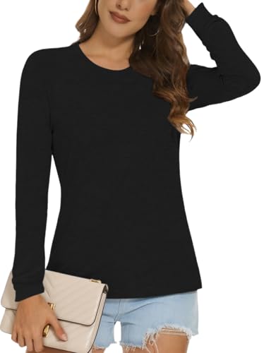 Cuptacc Langarmshirt Damen Mit Rundhalsausschnitt Einfarbig Langarm Basic Leichte Oberteil Shirts Freizeit Große Größen Tunika Damen Schwarz XXL von Cuptacc