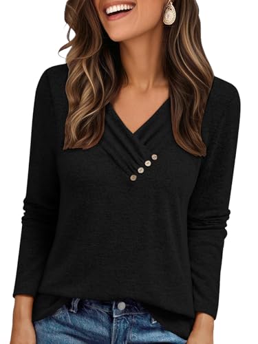 Cuptacc Langarmshirt Damen Mit V-Ausschnitt Einfarbig Basic Lässige Pullover Damen Knopfleiste Schicker Elegant Herbst Longsleeve Oberteile Schwarz XXXL von Cuptacc