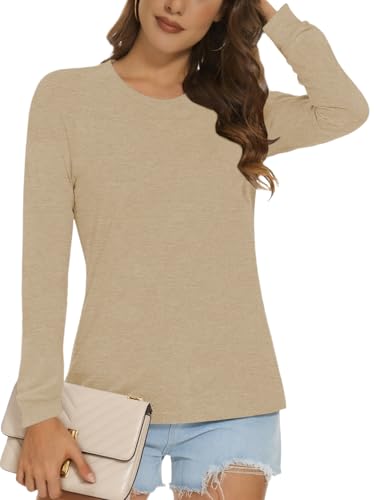 Cuptacc Langarmshirt Damen Oversized Mode Rundhals Cute Langarm Oberteil Basic Herbst Winter Solid Thermo Damen Long Shirt Für Leggings Aprikose S Klein von Cuptacc