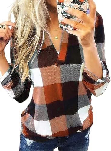Cuptacc Langarmshirt Damen Plaid Bauch Baschieren Oberteile Arbeit Einstellbar Ärmel Shirts Orange 2XL 50-52 von Cuptacc