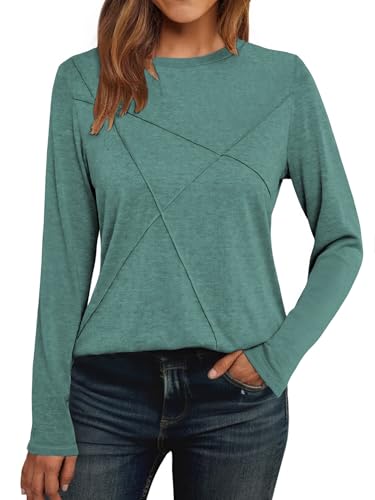 Cuptacc Langarmshirt Damen Pullover Damen Crew Neck Herbst Einfarbig Pullover Mit Falten Shirt Luftig Blaugrün,Groß XL 46-48 von Cuptacc