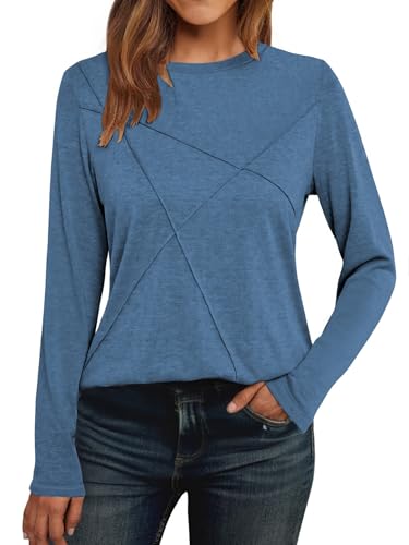 Cuptacc Langarmshirt Damen Pullover Damen Crew Neck Herbst Einfarbig Pullover Mit Falten Shirt Luftig Marineblau,Groß XL 46-48 von Cuptacc