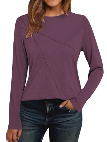 Cuptacc Langarmshirt Damen Pullover Damen Crew Neck Herbst Einfarbig Pullover Mit Falten Shirt Luftig Weinrot,Groß XL 46-48 von Cuptacc