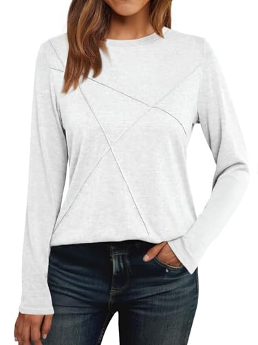 Cuptacc Langarmshirt Damen Pullover Damen Crew Neck Herbst Einfarbig Pullover Mit Falten Shirt Luftig Weiss,Groß XL 46-48 von Cuptacc