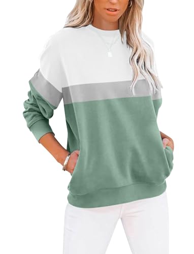 Cuptacc Langarmshirt Damen Pullover Herbst Farbblock Rundhals Sweatshirt Damen Elegant Rundhals Baumwolle Oberteile Grün XL 46-48 von Cuptacc